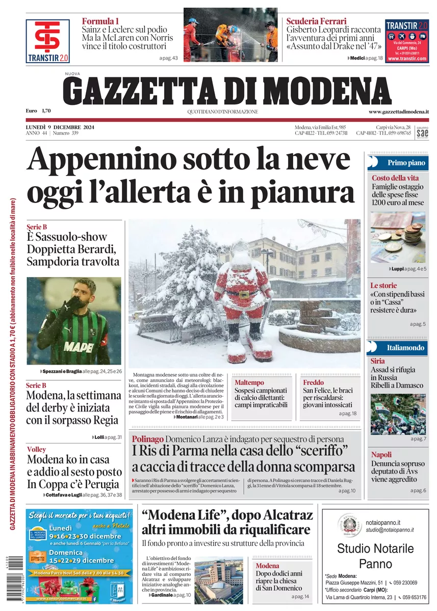 Prima-pagina-gazzetta di modena-oggi-edizione-del-2024-12-09